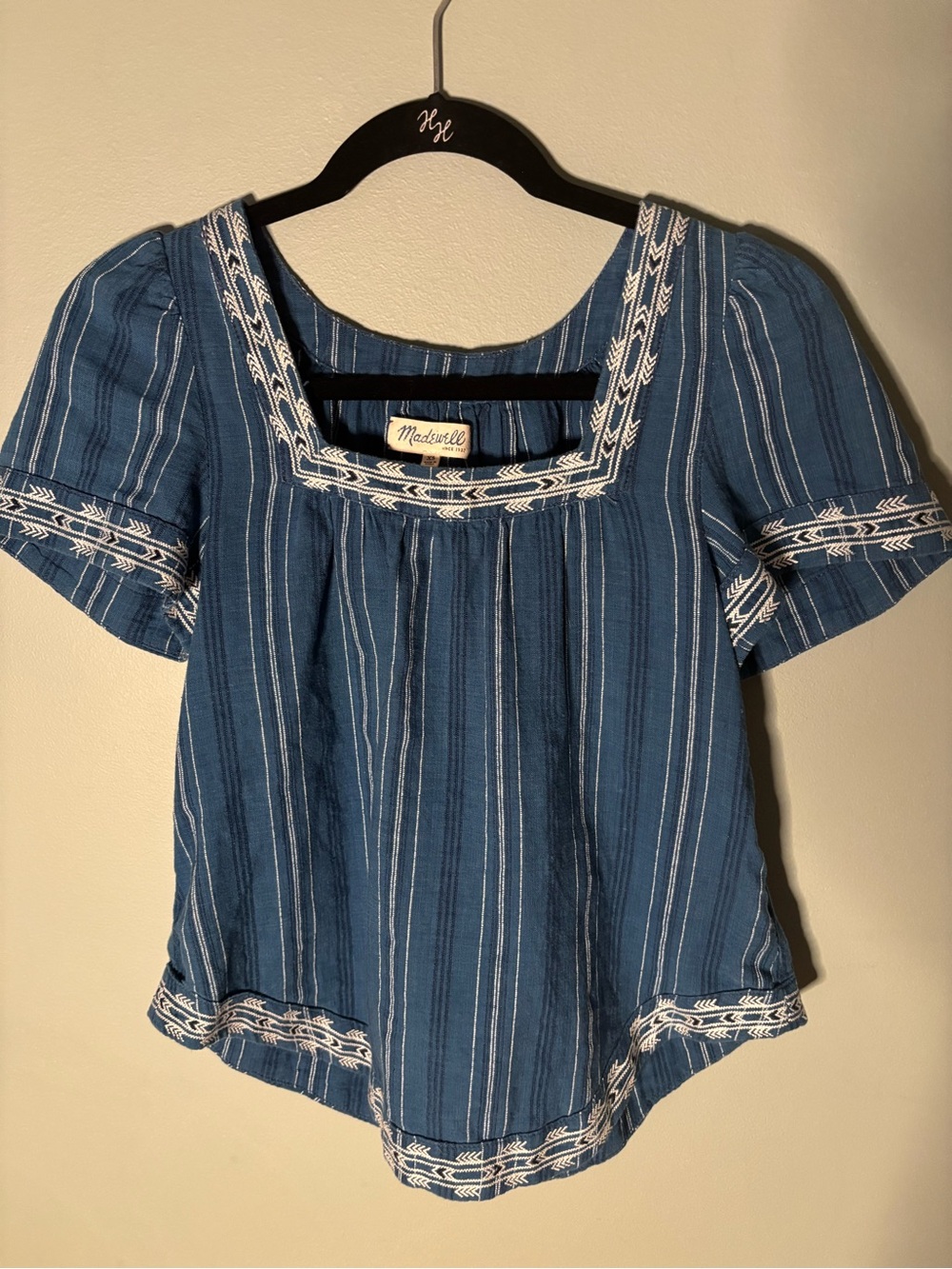 Madewell Indigo Blue Striped Square-Neck Cotton Blouse